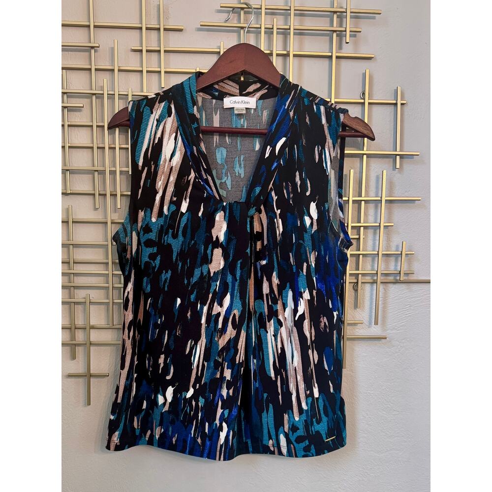 Calvin Klein Womens Sleeveless Blouse Medium Blue Abstract Print V Neck Work Top